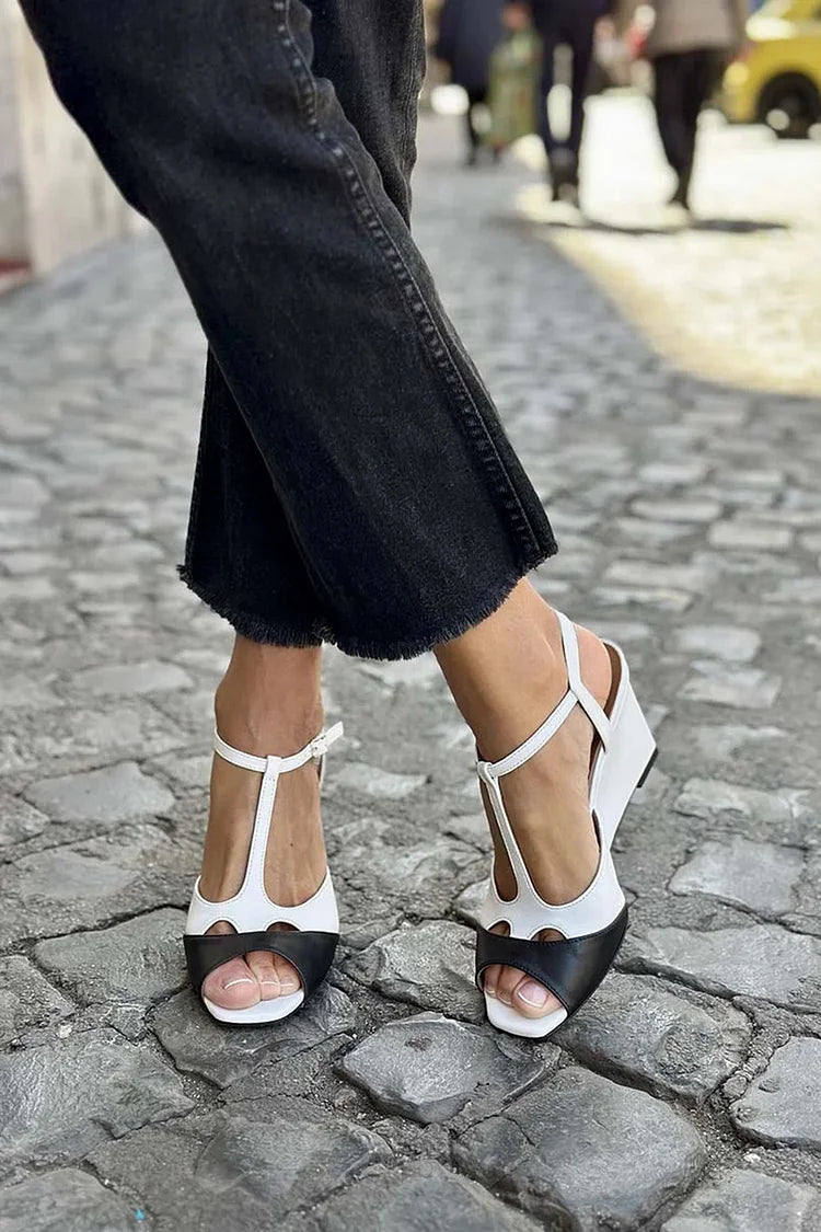 Colorblock Hollow Out T-Strap Buckle White Wedge Heels [Pre Order]