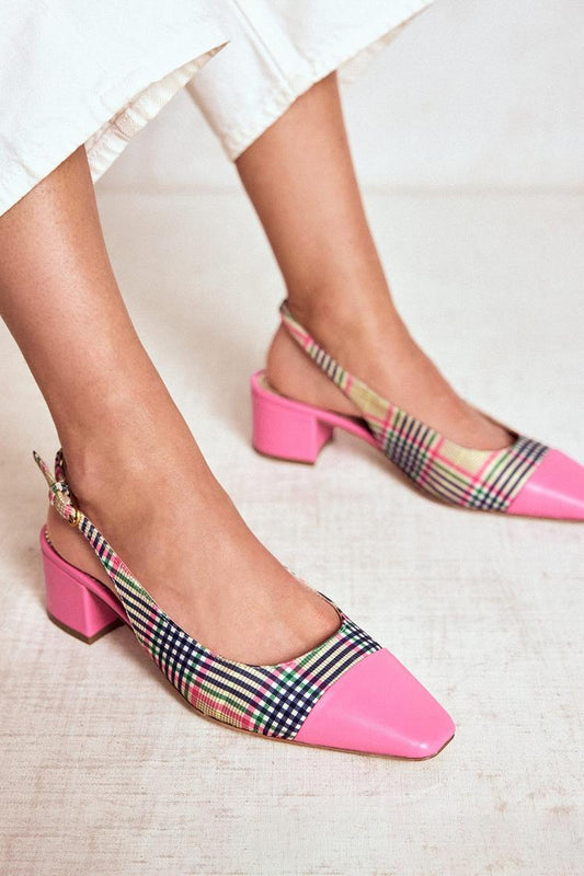 Plaid Patchwork Square Toe Slingback Pink Chunky Heels [Pre Order]