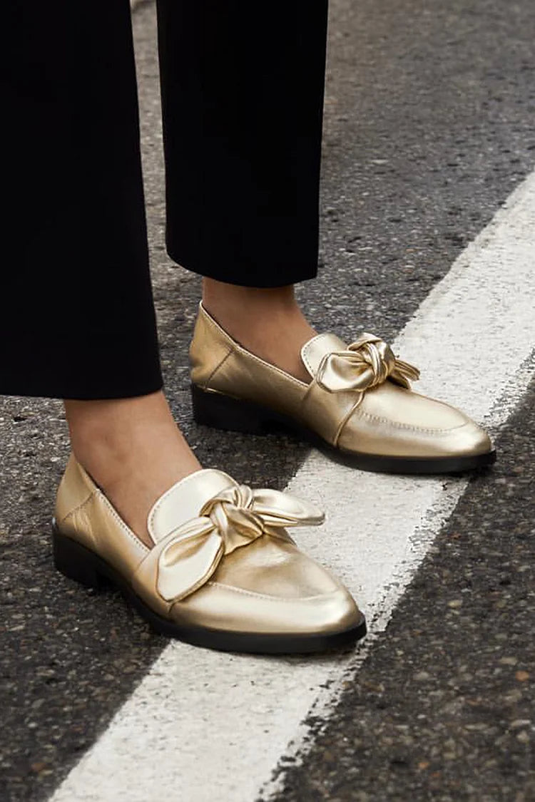 Metallic Sheen Knotted Round Toe Gold Loafers [Pre Order]