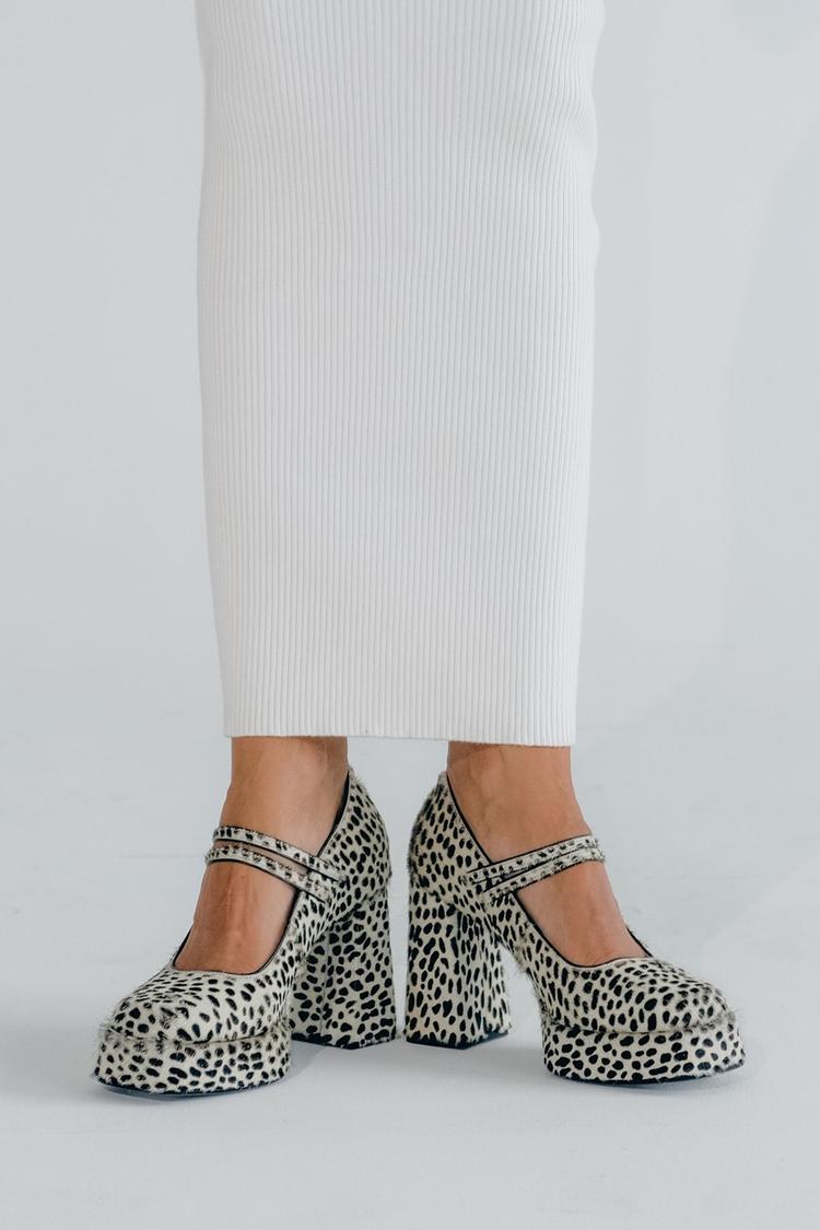 Scarpe con tacco largo, punta quadrata, stampa leopardata, fibbia a due cinturini, bianche [Pre-ordine] 