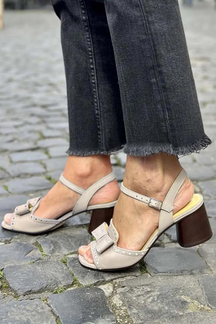 Scarpe con tacco grosso color cachi e punta aperta con cinturino posteriore e fiocco decorato [Pre-ordine] 