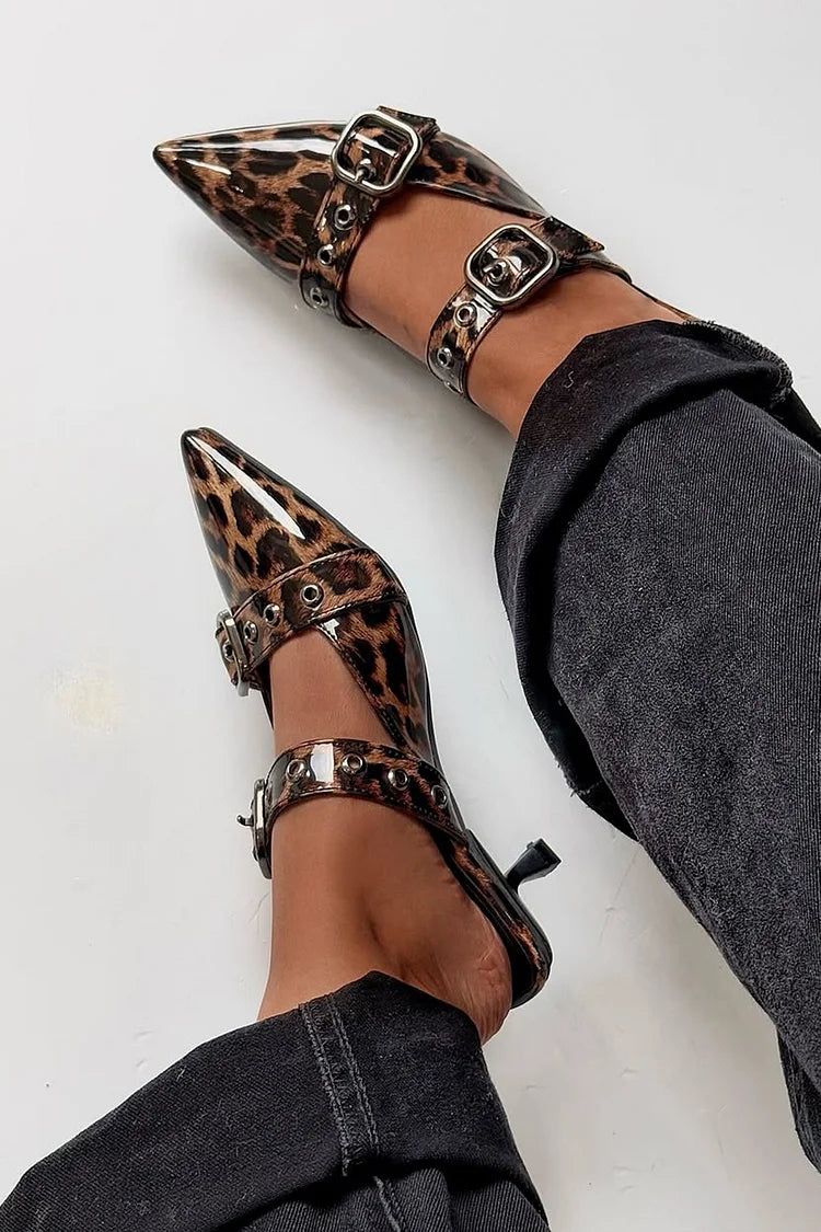 Instep Strap Buckle Pointed Toe Leopard Print Stiletto Heels [Pre Order]