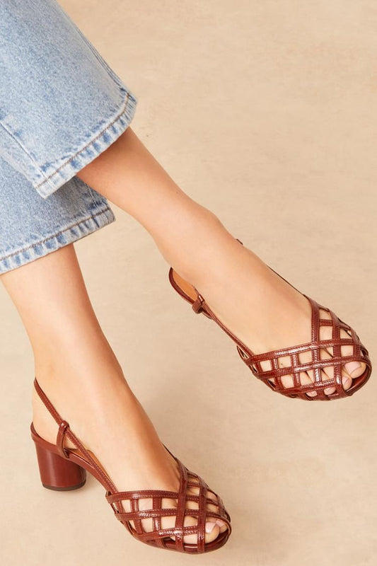 Hollow Out Peep Toe Slingback Brown Chunky Heels [Pre Order]