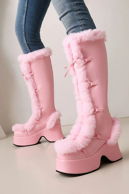 Fluffy Trim Lace Up Round Toe Chunky Heel Platform Snow Boots