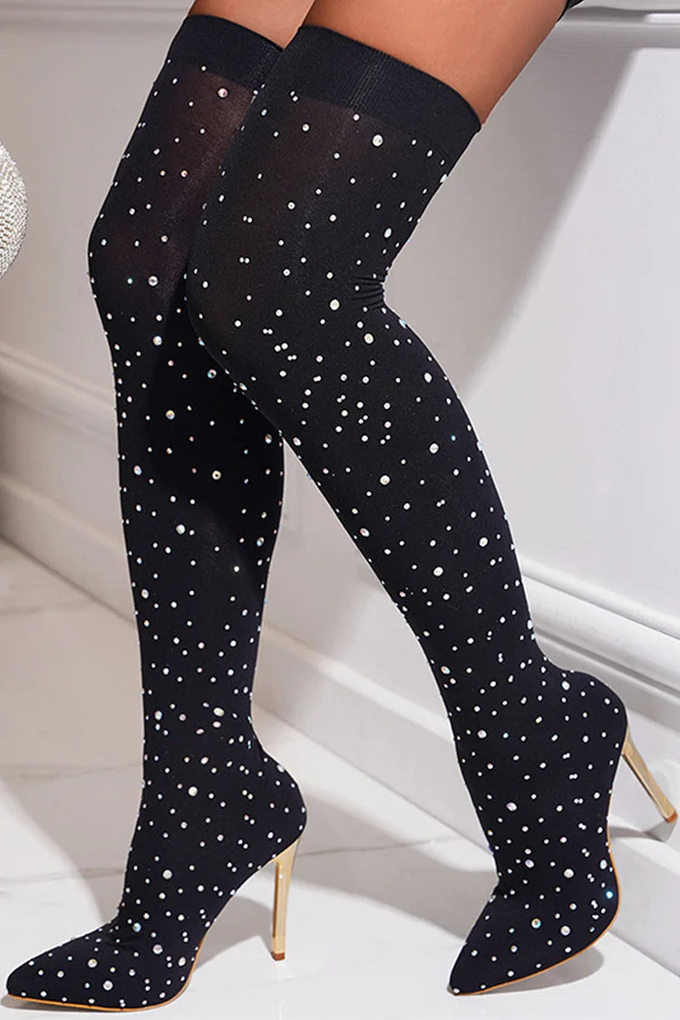 Rhinestone Decor Pointed Toe Stiletto Heel Over The Knee Sock Boots