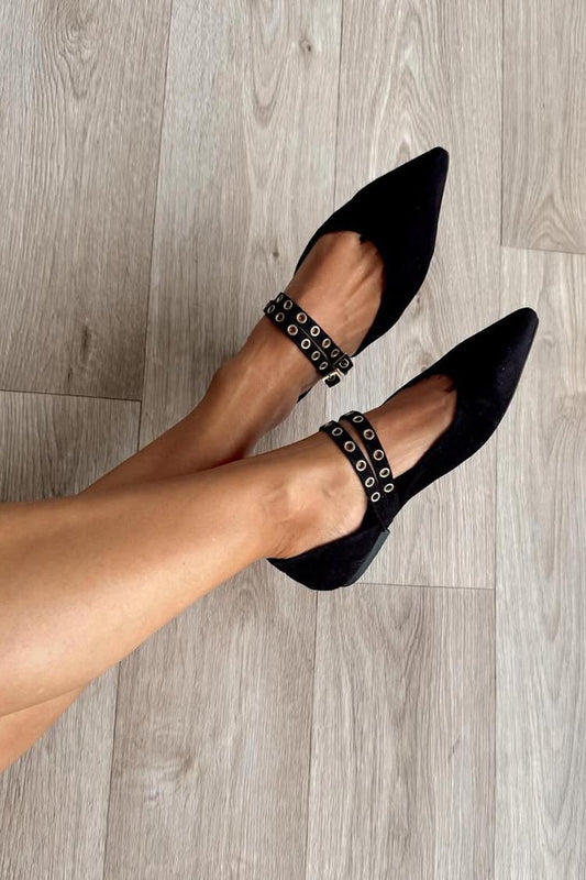 Metal Eyelets Two Strap Buckle Pointed Toe Black Flats [Pre Order]
