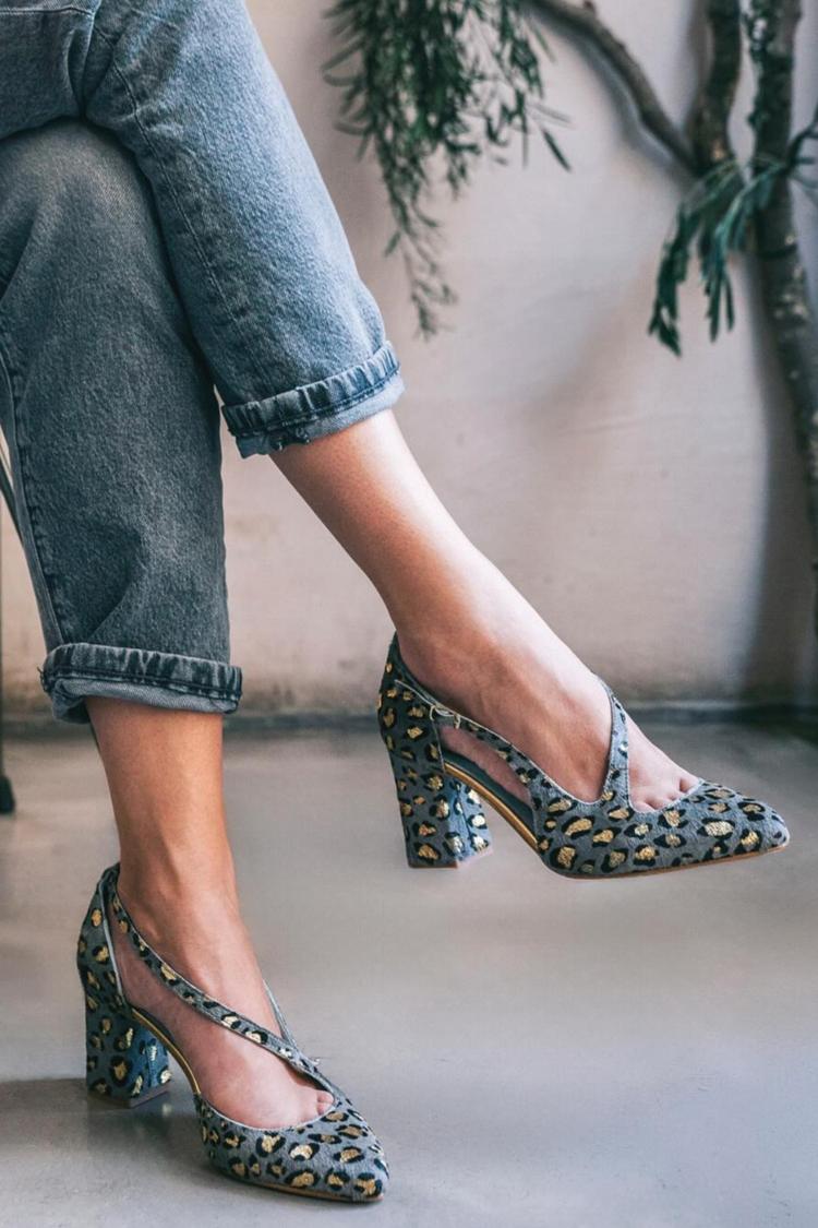 Leopard Asymmetrischer Cut-Out Riemen Spitz Zehen Blau Klobige Absätze [Vorbestellung]