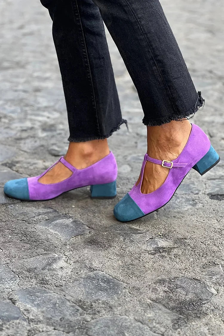 Color Block Buckle Instep Strap Purple Chunky Heels [Pre Order]