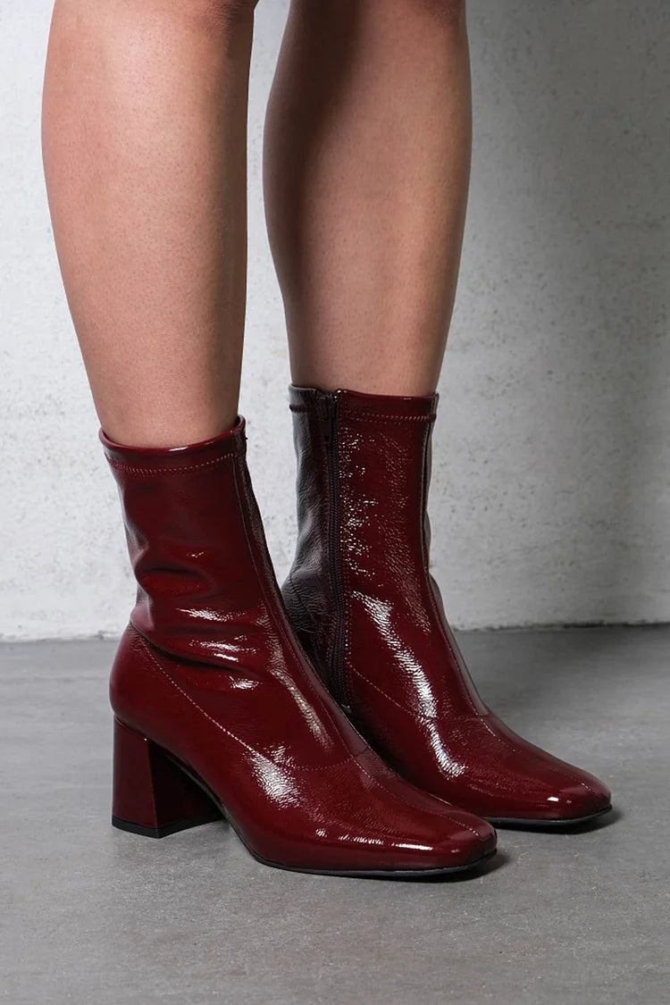 Square Toe Zipper Burgundy Chunky Heels Boots [Pre Order]