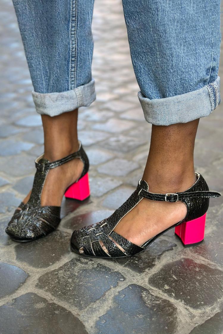 Woven Hollow Out T-Strap Buckle Black Chunky Heels [Pre Order]