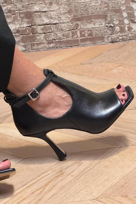 Scarpe con tacco a spillo nere, punta quadrata, fibbia e cinturino alla caviglia [Pre-ordine] 