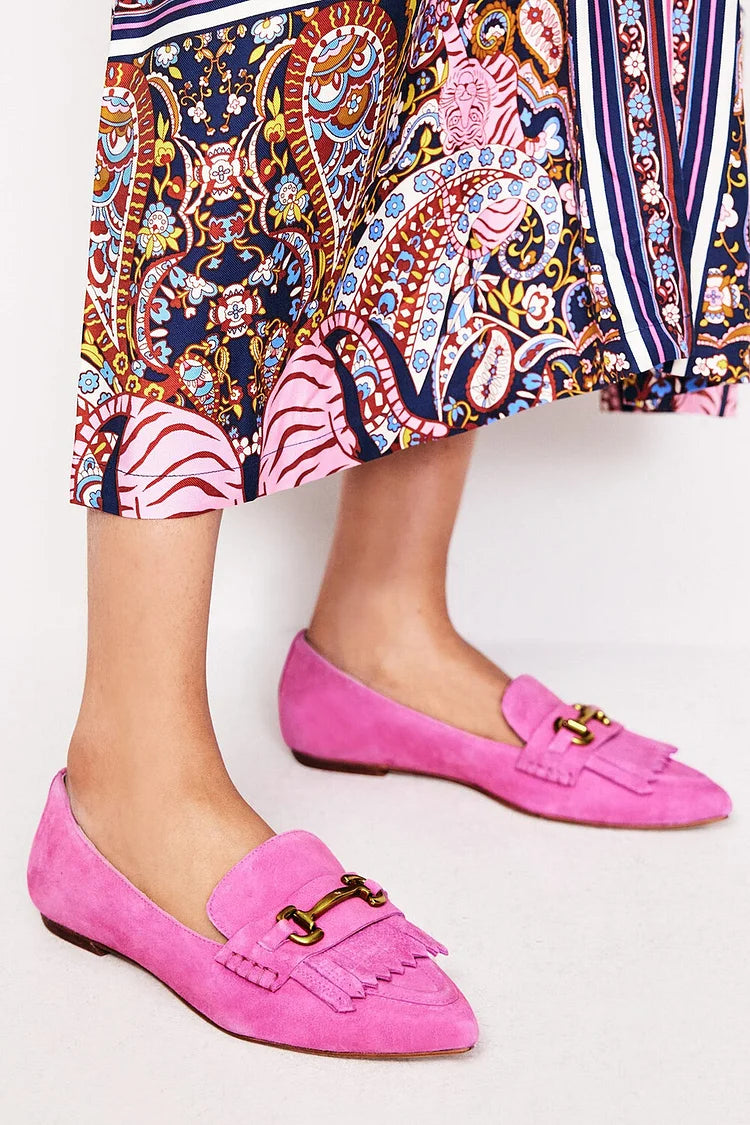 Różowe mokasyny z ozdobą w postaci chwostów, klamry typu horsebit i spiczastym noskiem [Przedsprzedaż]