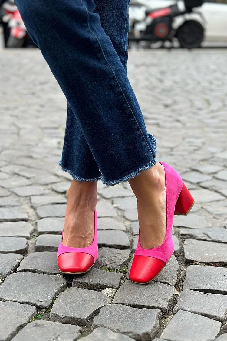 Matte Faux Suede Patchwork Colorblock Square Toe Chunky Heels