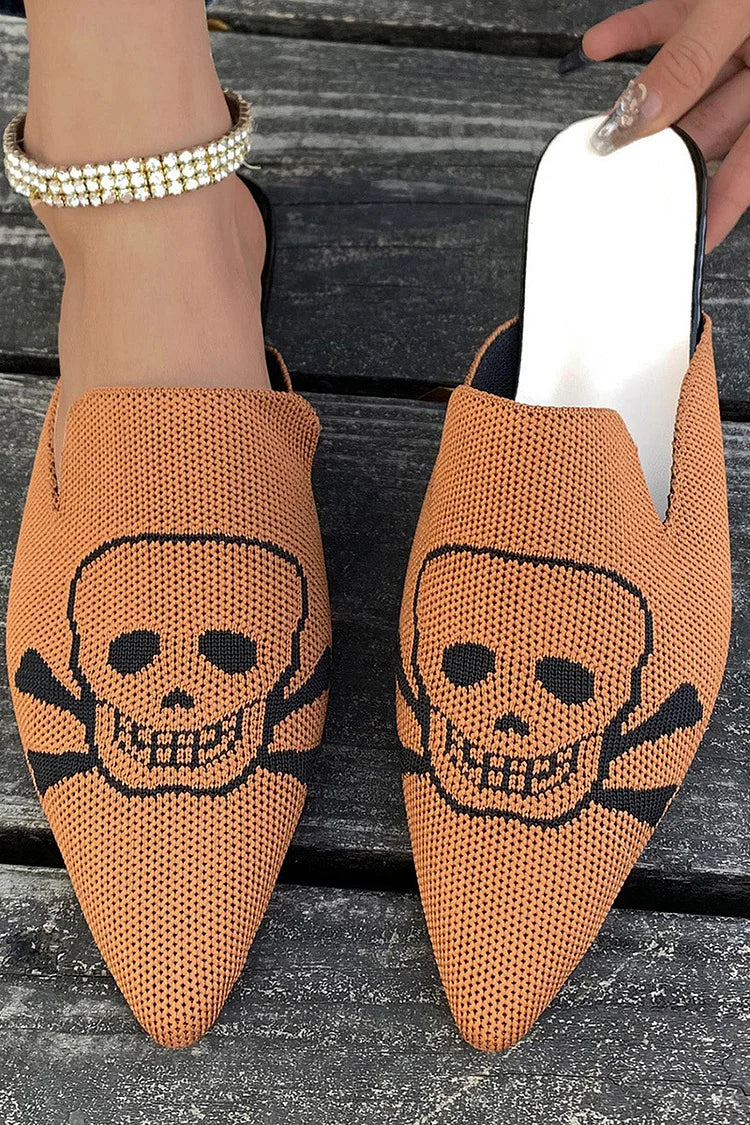 Casual Skull Print Pointy Toe Breathable Knit Mules