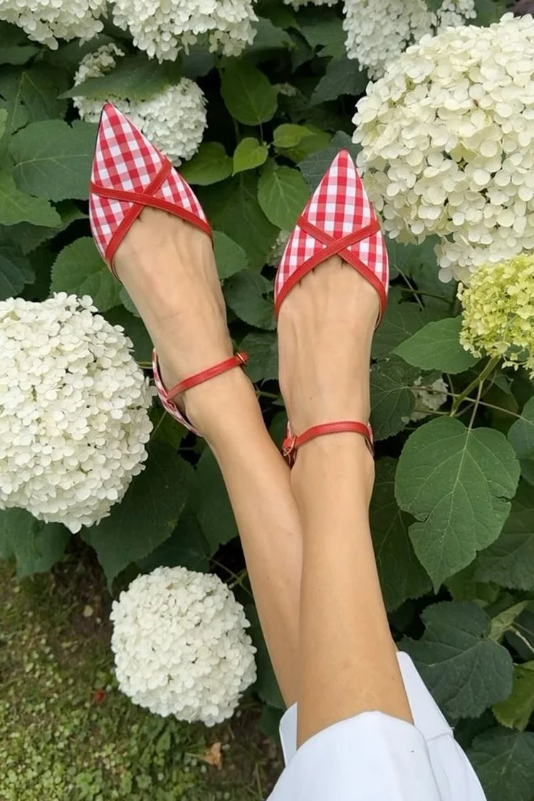 Zapatos planos rojos con punta puntiaguda, hebilla y tiras en el tobillo con diseño de cuadros y patchwork [pedido por adelantado] 