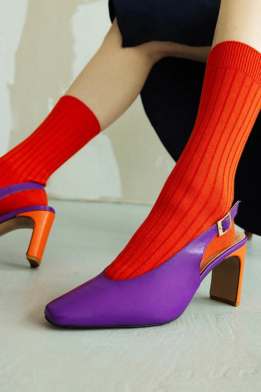 Tacco spesso viola con cinturino alla caviglia e punta quadrata [Pre-ordine]