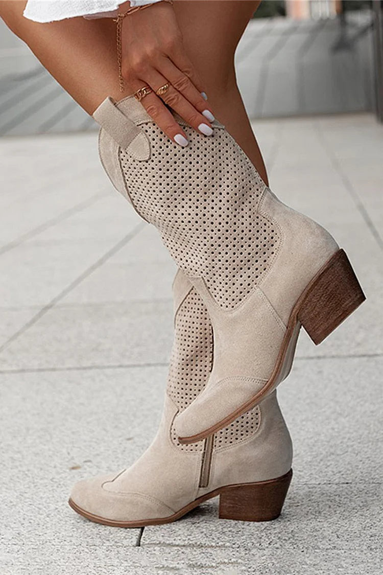 Hollow Out Patchwork Pointed Toe Chunky Heel Mid Boots