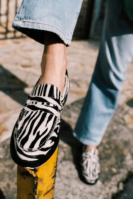 Round Toe Zebra Print Patchwork White Leather Loafers [Pre Order]