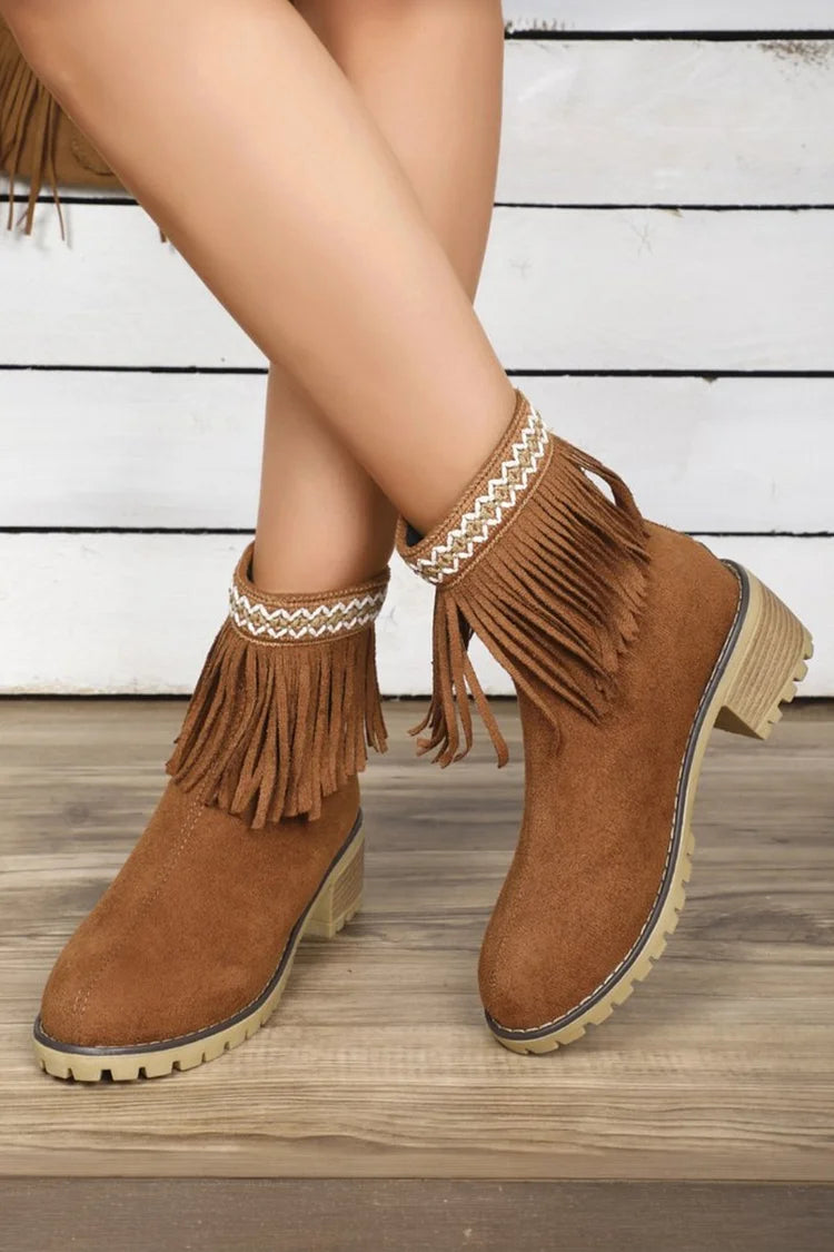 Round Toe Tassels Decor Zipper Chunky Heel Ankle Boots