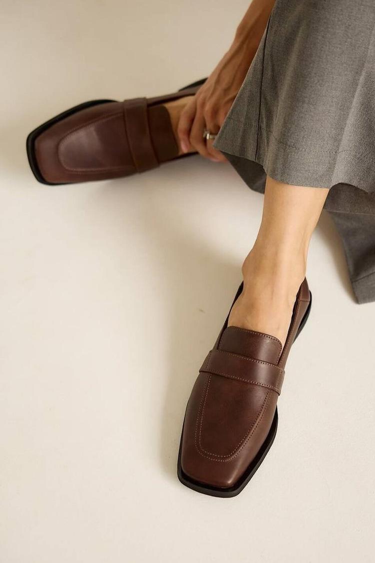 Einfarbige Patchwork Quadratische Zehe Freizeit Braun Loafers [Vorbestellung]