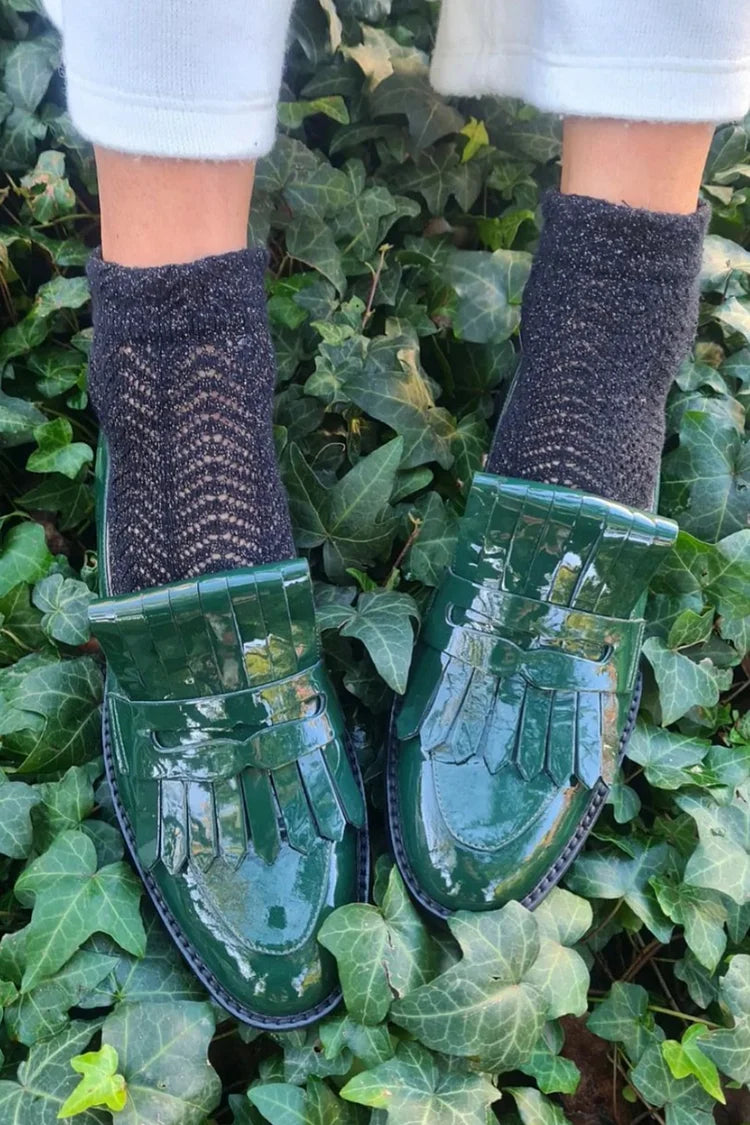 Mocassins verdes com franjas de cor sólida e bico redondo [Pre Order]