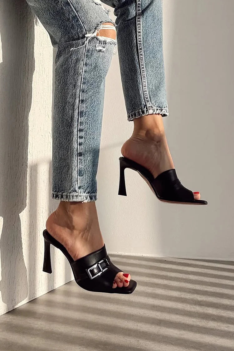 Scarpe con tacco a spillo nere con punta quadrata e fibbia decorativa [Pre-ordine]