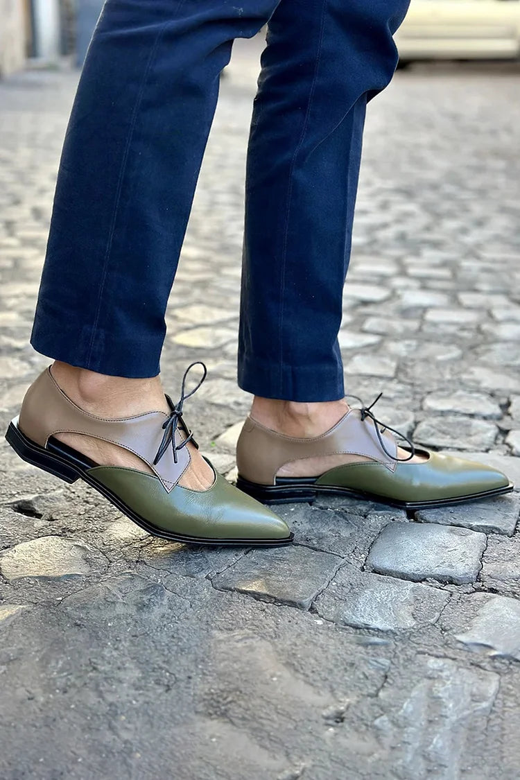 Colorblock Cutout Pointed Toe Lace Up Green Flats [Pre Order]