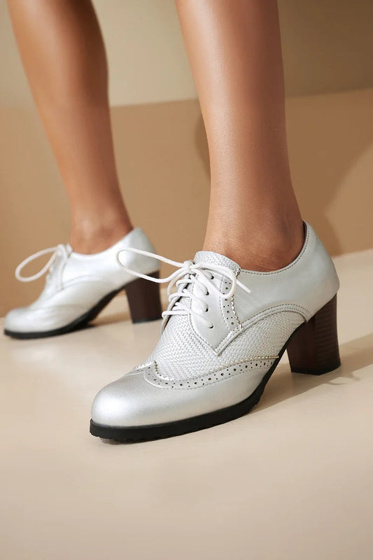 Metallic Sheen Patchwork Round Toe Lace Up Chunky Heels