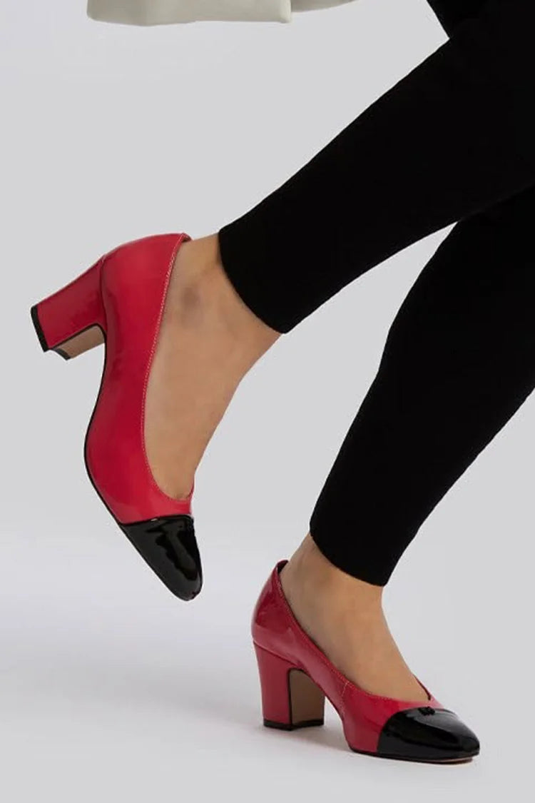 Pointed Toe Colorblock Elegant Red Chunky Heels [Pre Order]