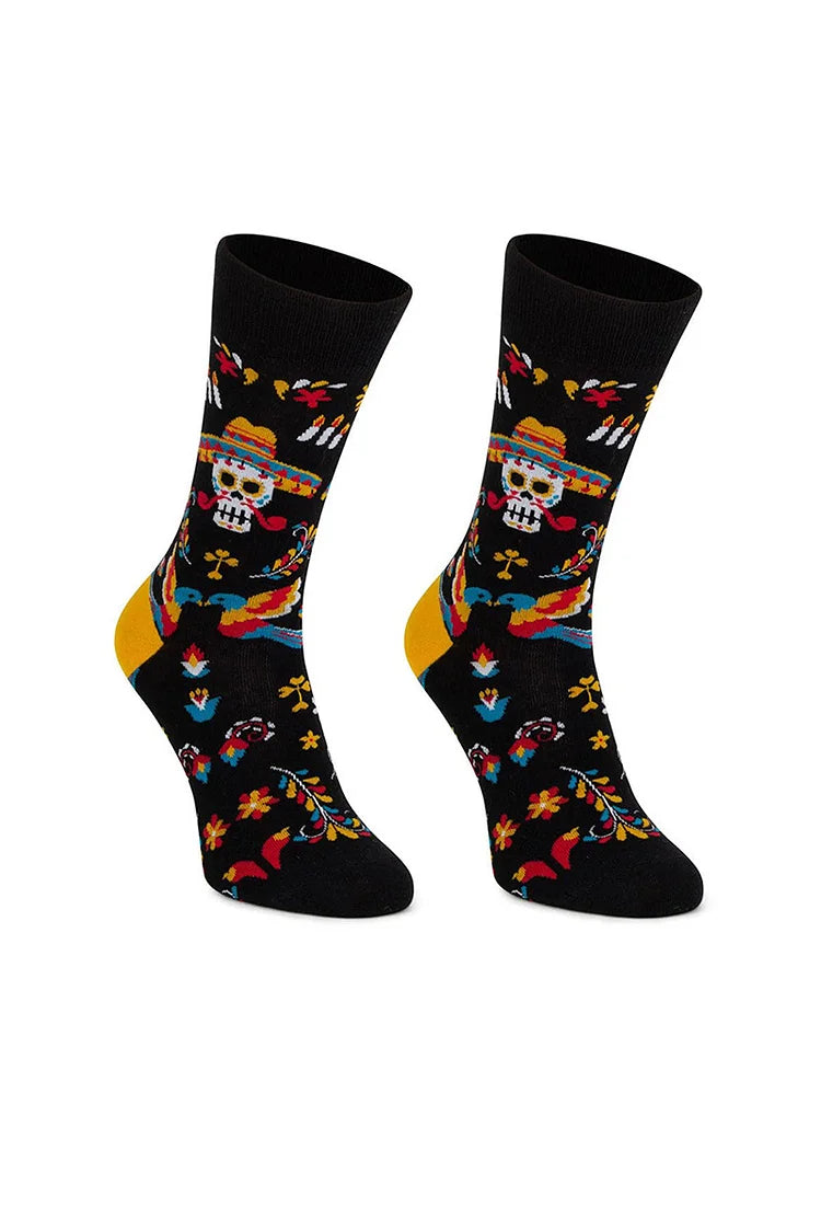 Calcetines de media pantorrilla con estampado floral de calavera y esqueleto multicolor para Halloween 