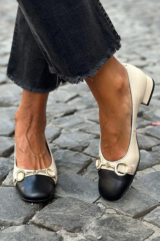 Scarpe con tacco basso beige con punta quadrata e fibbia decorativa colorblock 