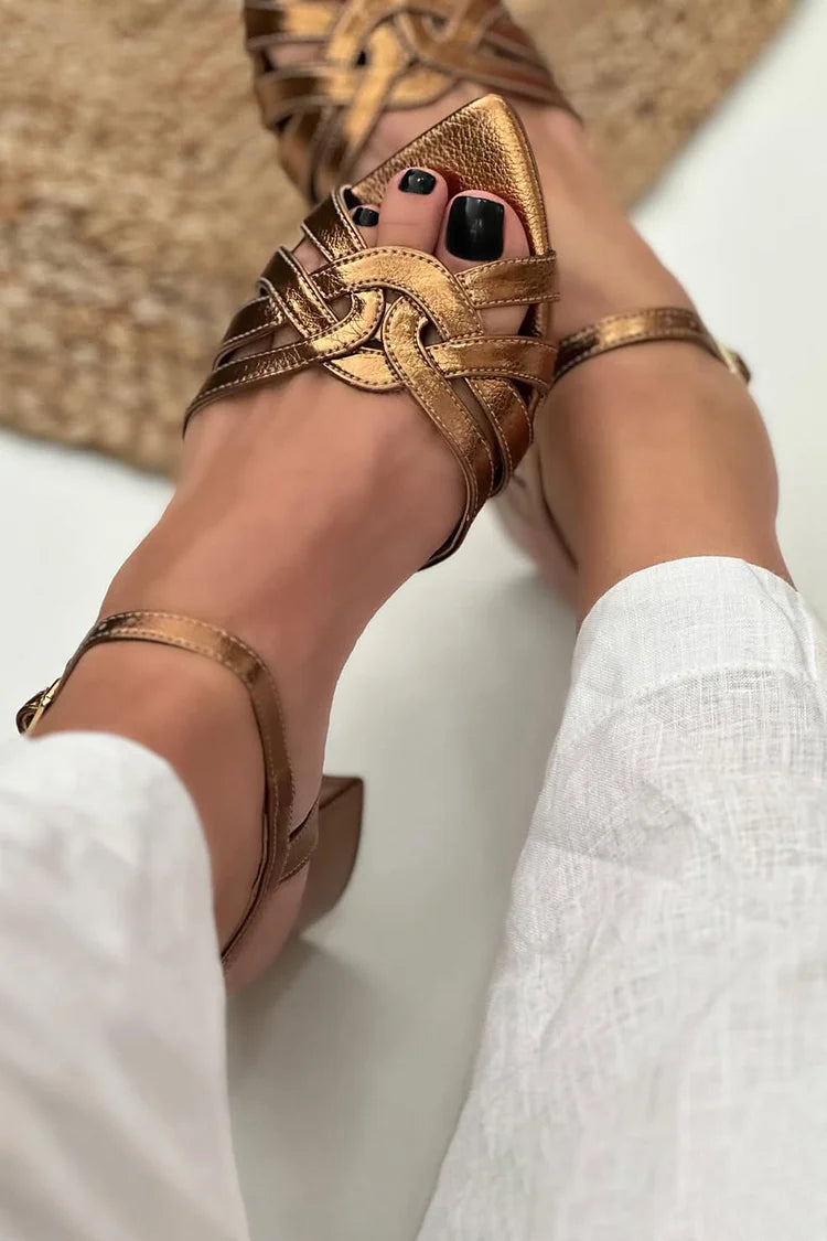 Ankle Strap Buckle Woven Peep Toe Gold Chunky Heels [Pre Order]