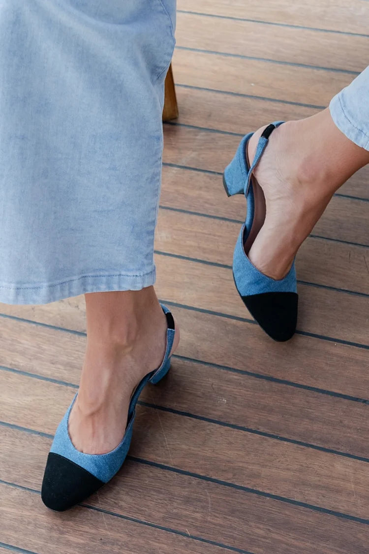 Farbblock Slingback Runde Zehen Blaue Niedrige Absätze [Vorbestellung]