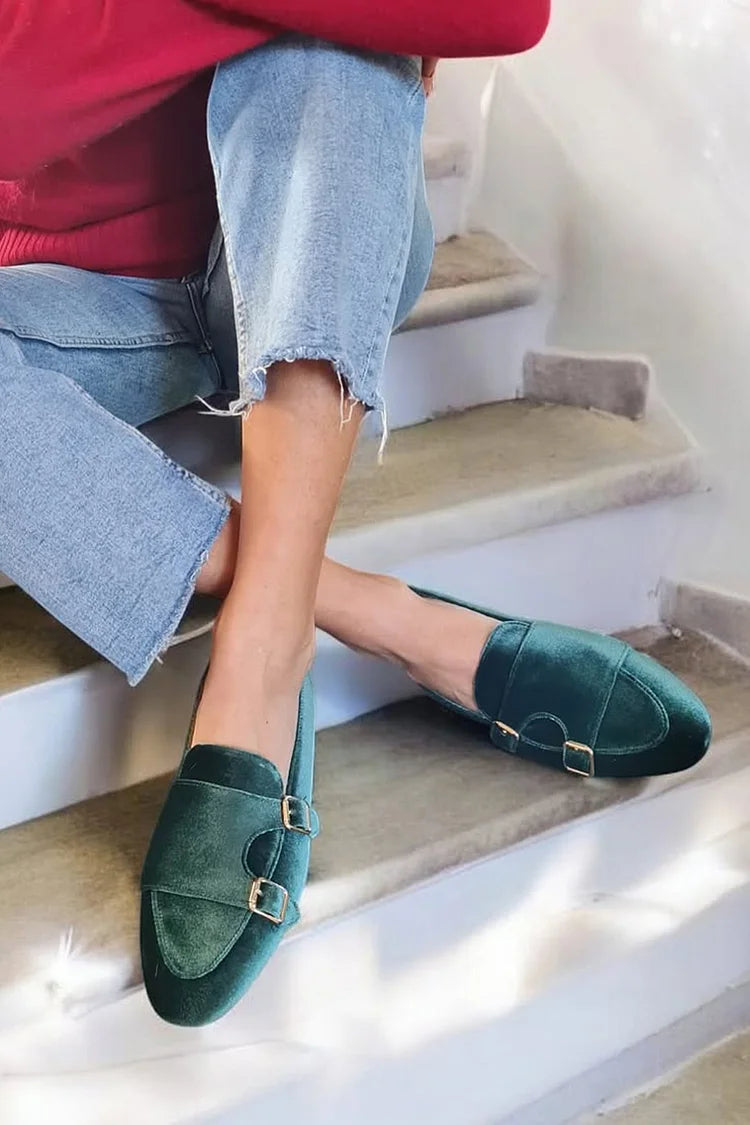 Sapatilhas de bico redondo com fivelas decorativas cor sólida verde escuro [Pré-encomenda]