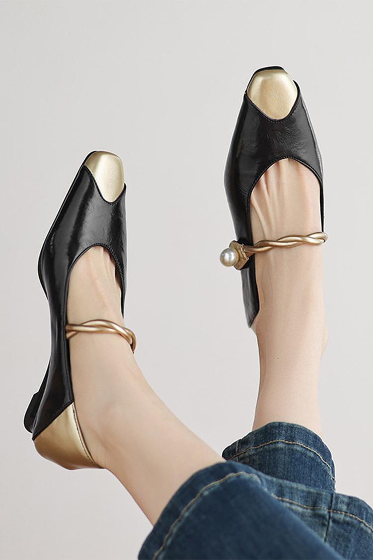 Scarpe con tacco basso, punta quadrata, fibbia con cinturino intrecciato e patchwork metallizzato lucido