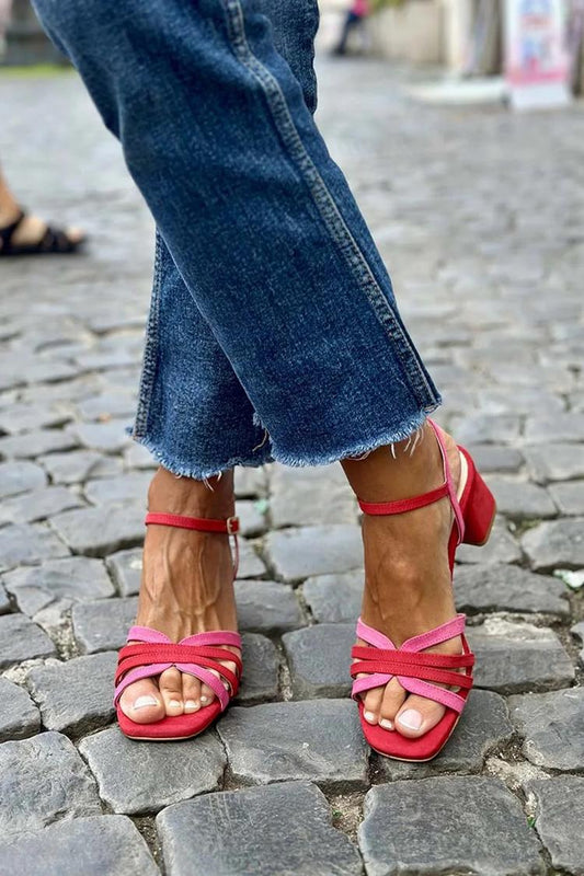 Scarpe col tacco rosso con punta quadrata e traforata in patchwork [Pre-ordine] 