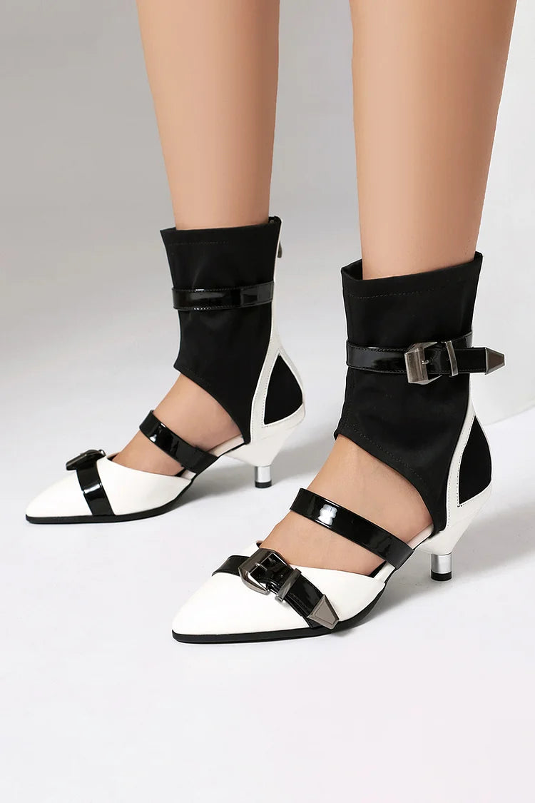 Sandali alti con cinturini multipli colorblock e fibbie, punta affilata 