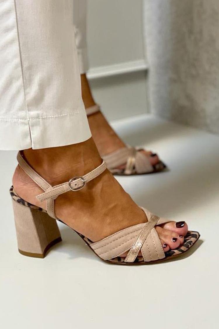 Scarpe con tacco grosso color cachi, punta quadrata e ritagli patchwork [Pre-ordine] 