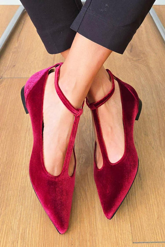 Patchwork T-Shaped Ankle Strap Pointy Toe Buckle Burgundy Flats [Pre Order]