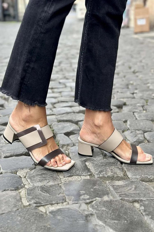 Scarpe con tacco grosso colorblock, punta quadrata, casual, color cachi [Pre-ordine]