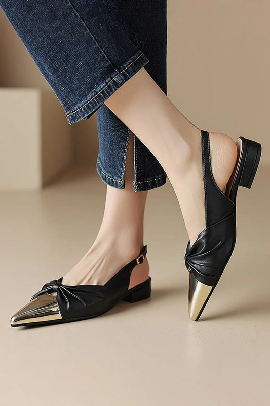 Bow Metallic Sheen Stitching Slingback Pointy Toe Flats