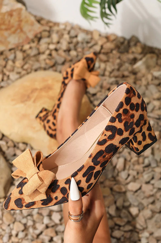 Leopard Print Bow Decor Pointed Toe Slip On Chunky Heels