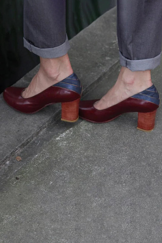 Patchwork Colorblock Round Toe Burgundy Chunky Heels [Pre Order]