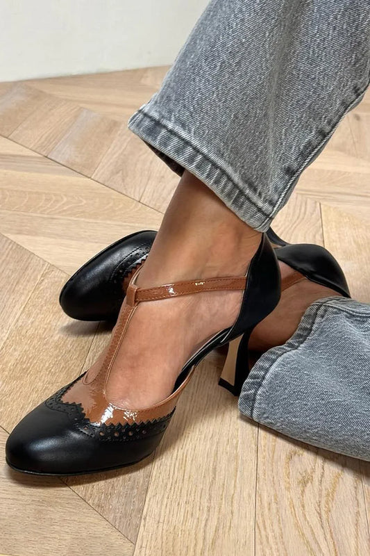 Colorblock T-Strap Buckle Round Toe Black Stiletto Heels