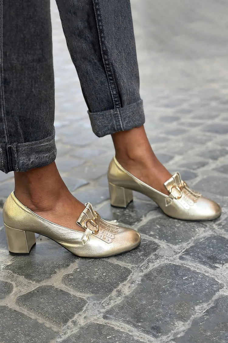 Fringe Metal Buckle Decor Round Toe Gold Chunky Heels [Pre Order]