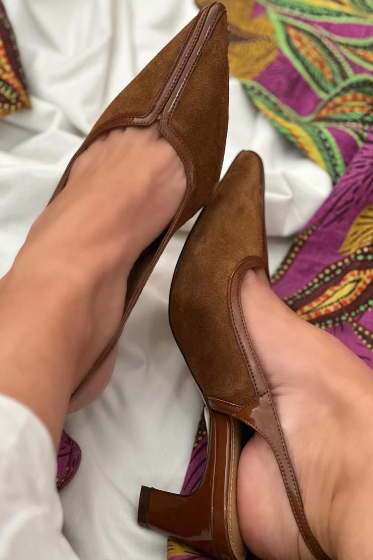 Scarpe con tacco grosso marroni a punta e patchwork con cinturino posteriore [Pre-ordine] 