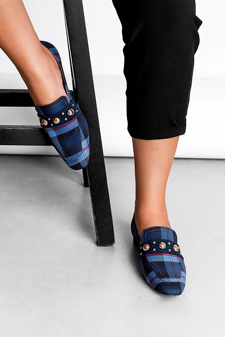 Plaid Metallic Studded Patchwork Navy Loafers [Pre Order]