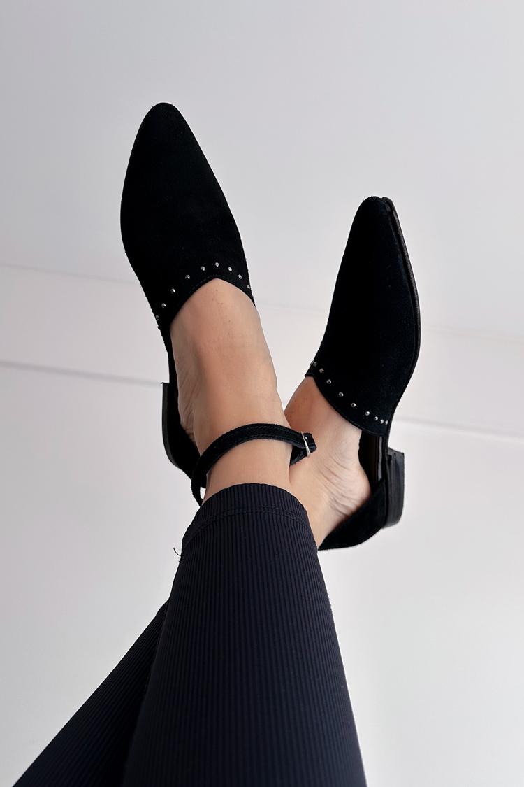 Metal Rivets Ankle Strap Buckle Pointed Toe Black Flats [Pre Order]