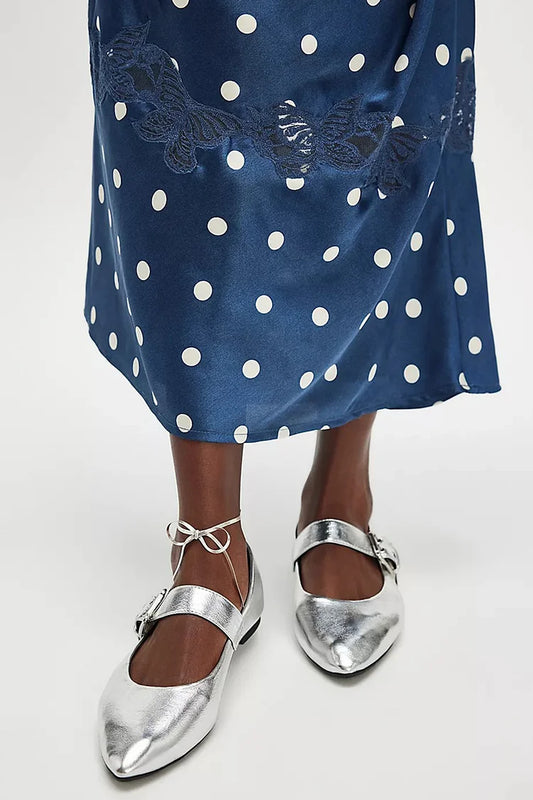 Instep Strap Buckle Metallic Sheen Pointed Toe Silver Flats [Pre Order]