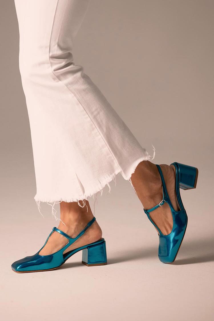 T-Strap Buckle Square Toe Slingback Blue Chunky Heels [Pre Order]
